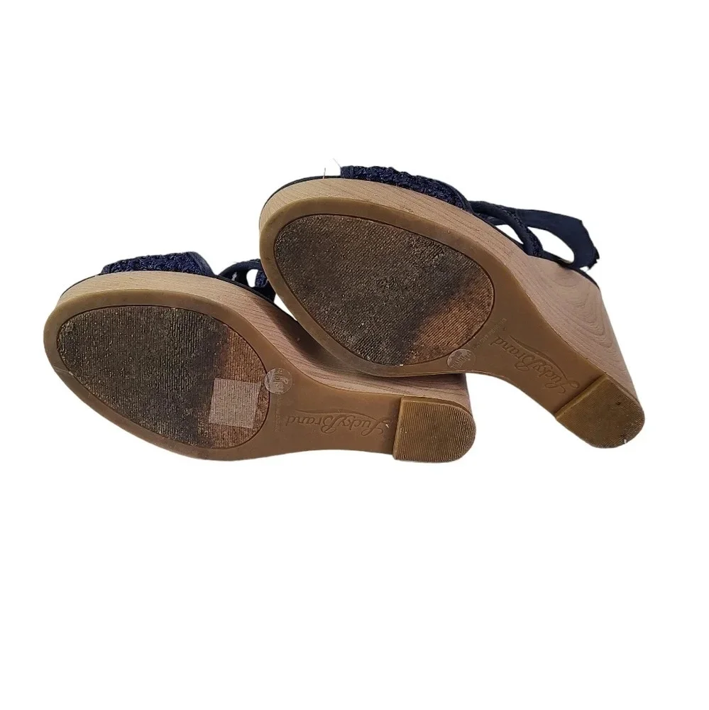 Lucky Brand Navy‎ Lace wood heel high wedge sandal shoe Women's size 7.5